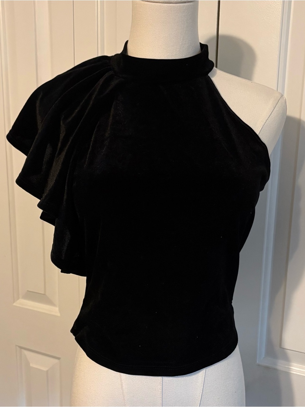VIOLA Black Velveteen One-Shoulder Ruffle Top